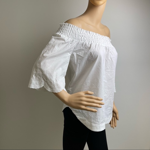 White Off Shoulder Shirred Long Sleeve Blouse - Picture 5 of 8